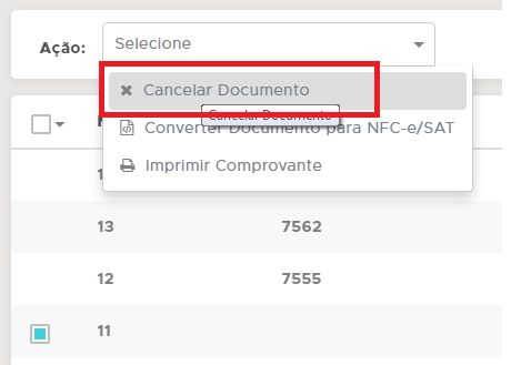 Opcao Acao Cancelar Documento na venda gerencial Cancelar documento gerencial