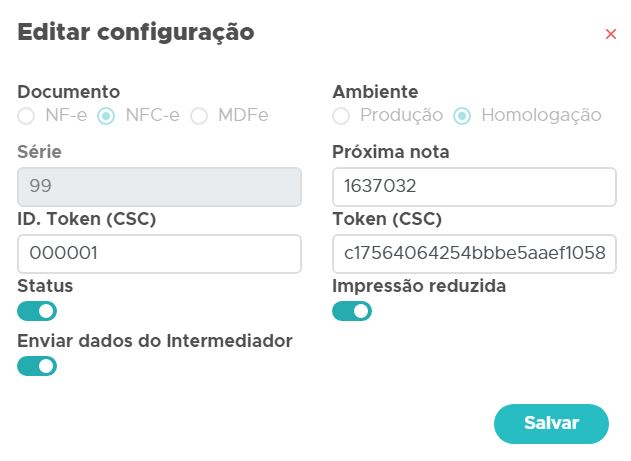 Tela de configuração da NFC-e