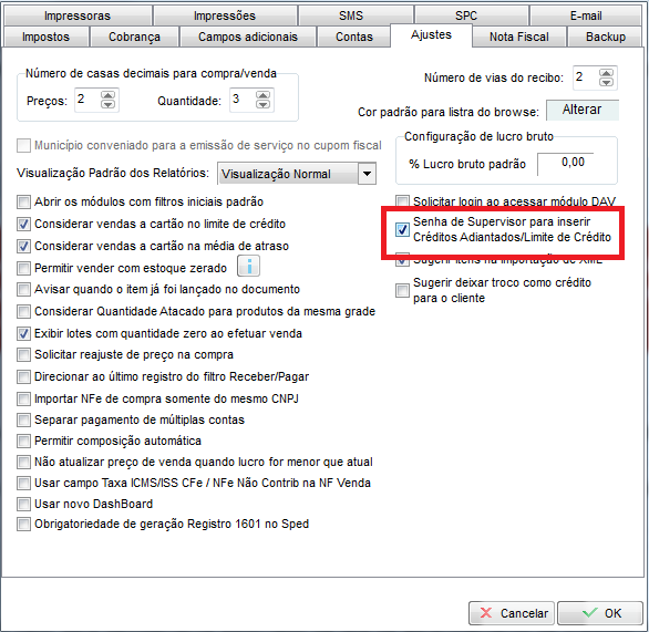 Senha de supervisor para créditos