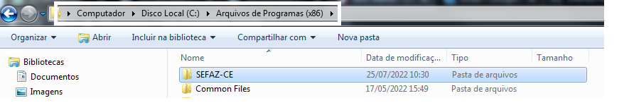 Pasta SEFAZ-CE com as dlls copiada para Arquivos de Programas (x86) Pasta SEFAZ-CE