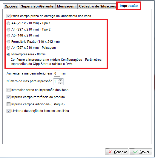 Configuração da impressora do DAV