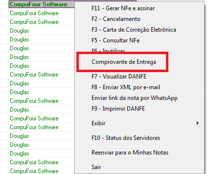 Opção Comprovante de Entrega pelo botão direito no gerenciador de notas