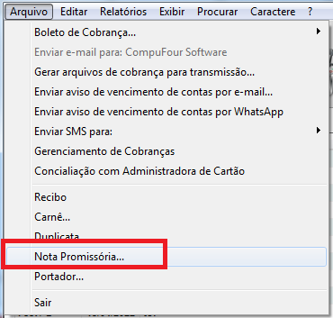 Menu Arquivo, Nota Promissória