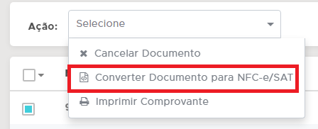 Opcao Converter documento para NFC-e SAT Converter para NFC-e SAT