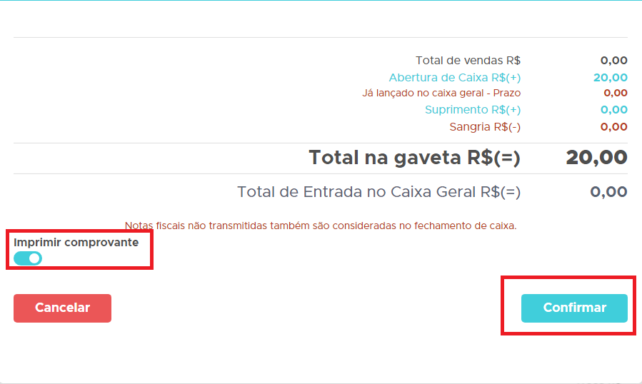 Valores das movimentacoes do caixa no fechamento Valores do fechamento de caixa
