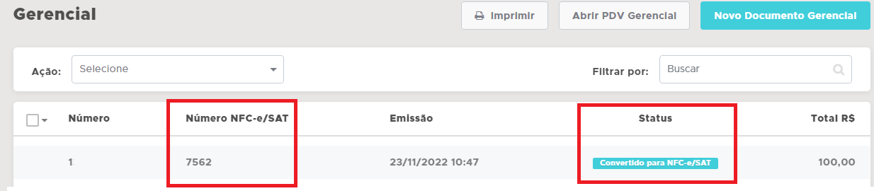 Documento com status Convertido para NFC-e SAT Status convertido para NFC-e SAT