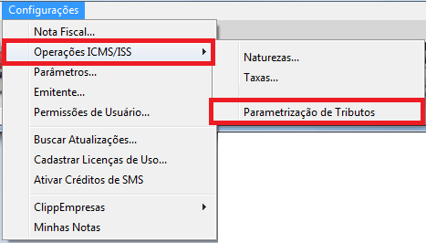 Menu Parametrização de Tributos