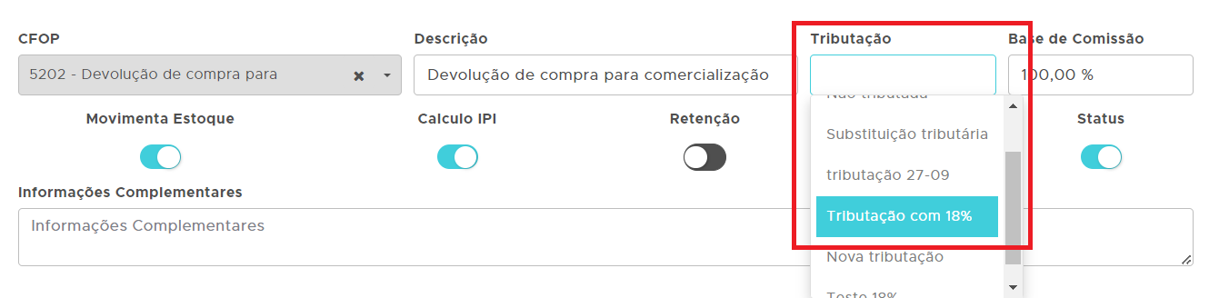 Tributação na natureza (CFOP)