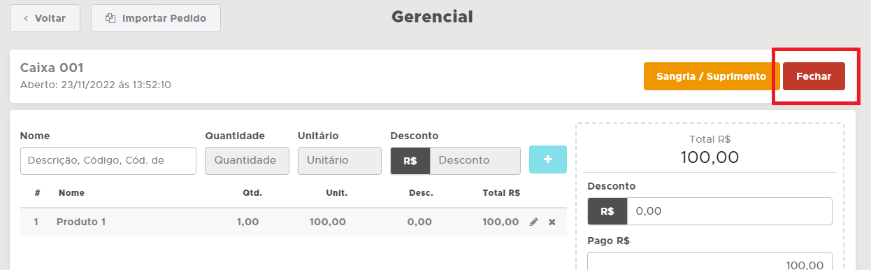 Botao Fechar caixa da venda gerencial Fechar caixa gerencial