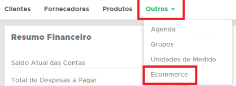 Acesso ao Ecommerce pelo menu Cadastros