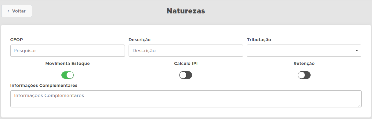 Campos do cadastro de natureza (CFOP) Cadastro de natureza CFOP