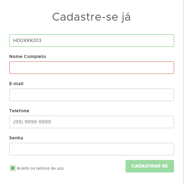 Preenchimento do código de ativação