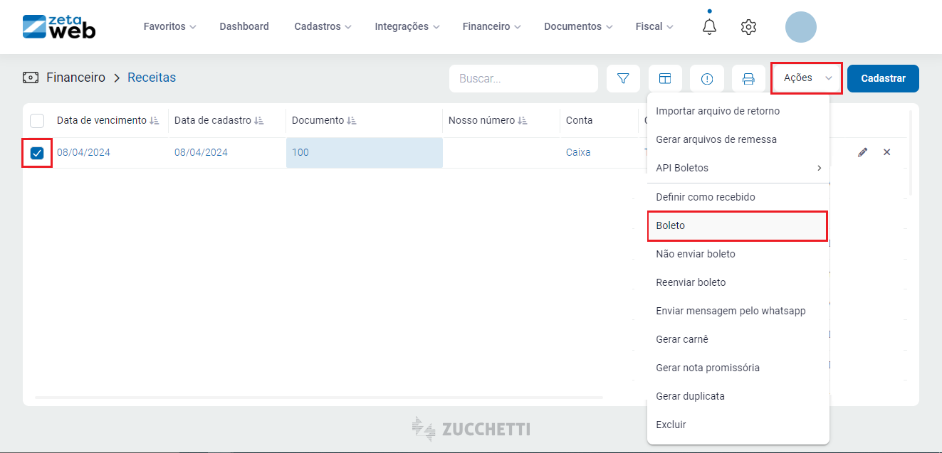 Opção Boleto no menu Ações