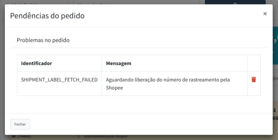 Mensagem de rastreamento da Shopee