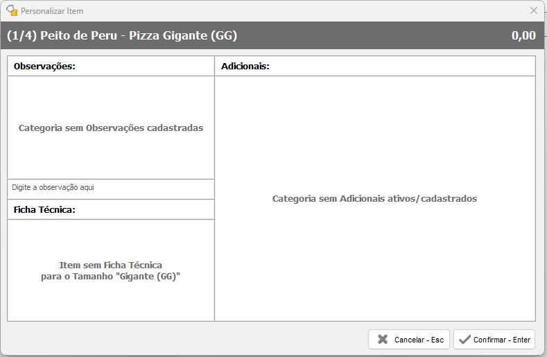 Tela de personalização com Observações, Adicionais e Ficha Técnica Tela de personalização da pizza