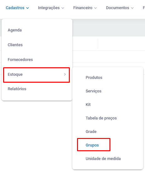 Menu Cadastros, Estoque, Grupos no ZetaWeb