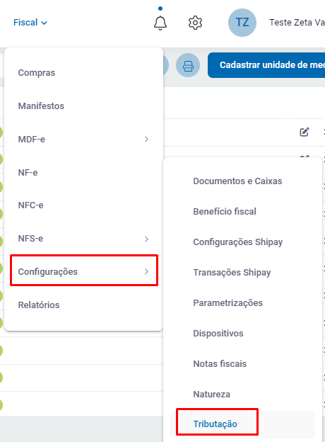 Menu Tributações