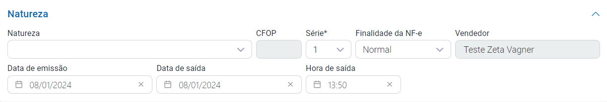 Aba Natureza do cadastro da NF-e