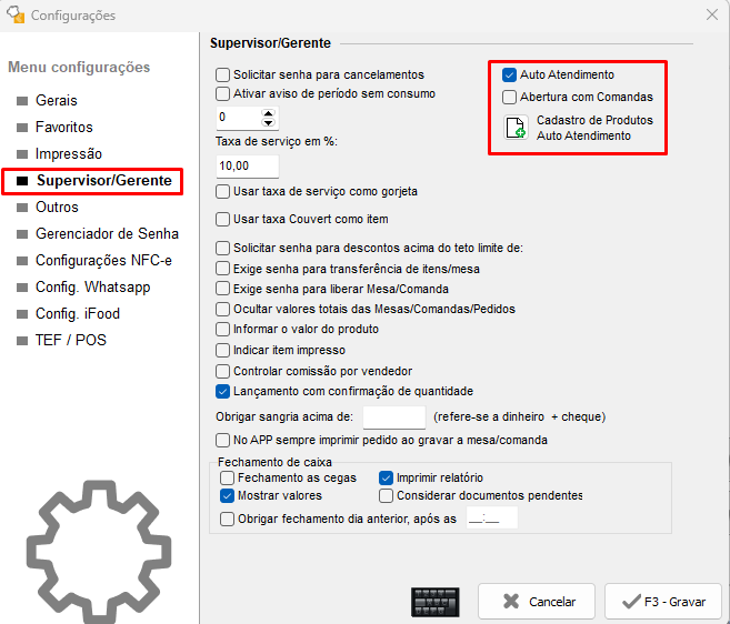 Aba Supervisor/Gerente com a opção Auto Atendimento Configuração do Auto Atendimento