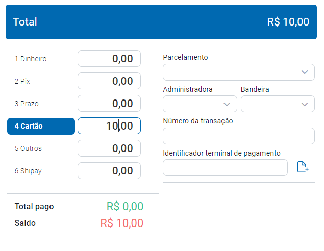 Lançamento de bandeira e administradora no pagamento em cartão Bandeira e administradora do cartão
