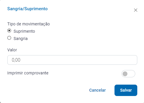 Tela de sangria e suprimento do caixa Sangria e suprimento do caixa