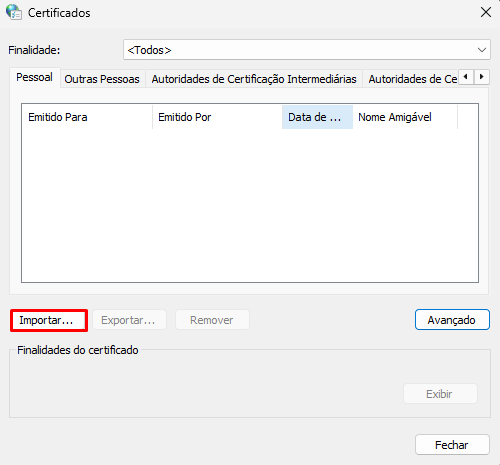 Botão Importar do certificado digital
