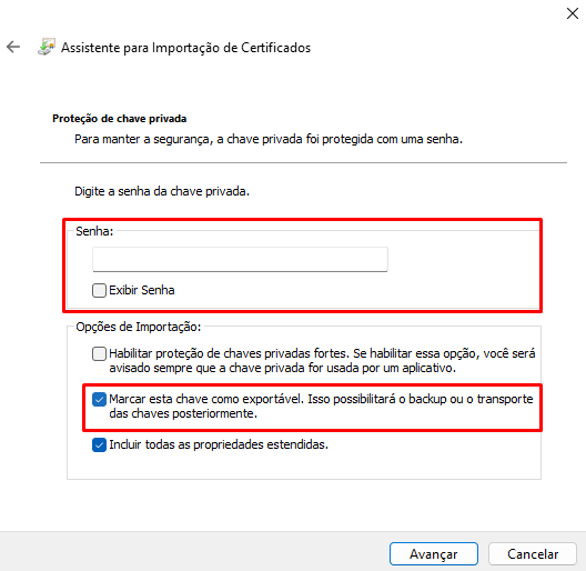 Senha e opções de importação do certificado