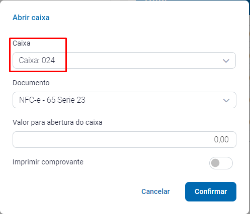 Abertura de caixa no PDV