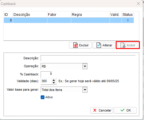 Botão Incluir para cadastrar cashback