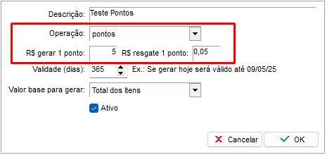 Campos de pontuação na operação Pontos