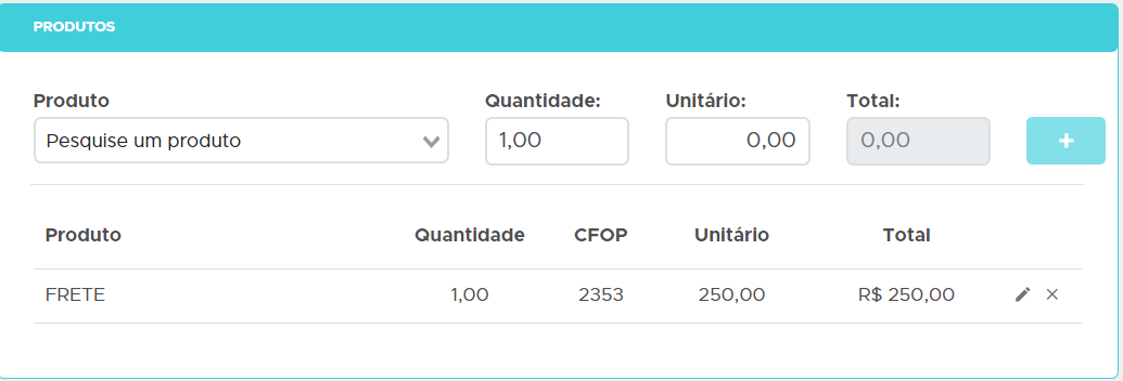 Produto Frete com valor unitário