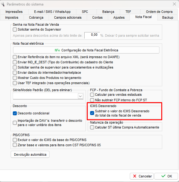 Aba Nota Fiscal com o parametro de subtrair o ICMS desonerado Aba Nota Fiscal parametro desoneracao