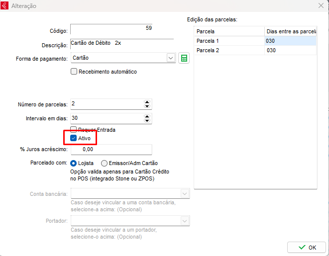 Parcelamento ativado