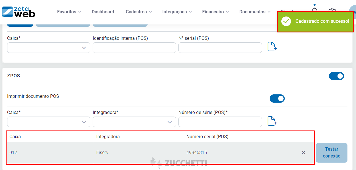 Maquininha Fiserv adicionada nas configurações do ZetaWeb Maquininha Fiserv adicionada