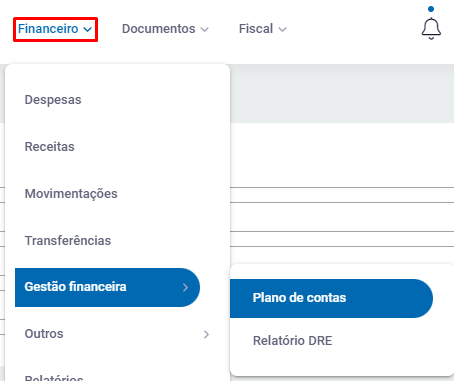 Menu Plano de Contas