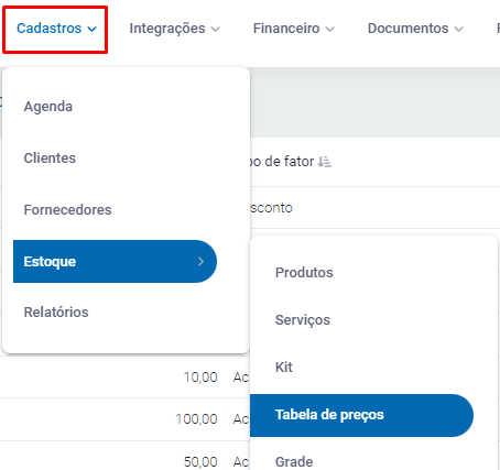 Menu Tabela de preços