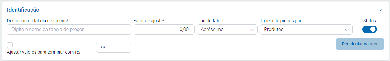 Campos da tabela de preços