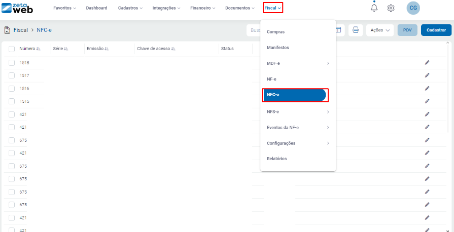 Menu Fiscal - NFC-e para cancelar