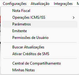 Menu Configuracoes Parametros Nota fiscal