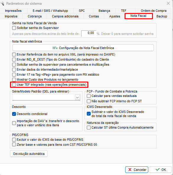 Opcao Usar TEF Integrado