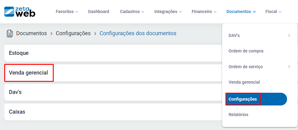 Menu Documentos - Configurações - Venda Gerencial