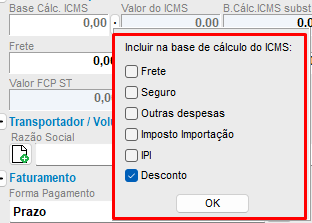 Campos da Base de Cálculo de ICMS