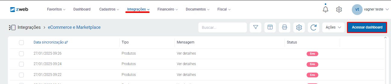 Botão Acessar Dashboard do ZHUB