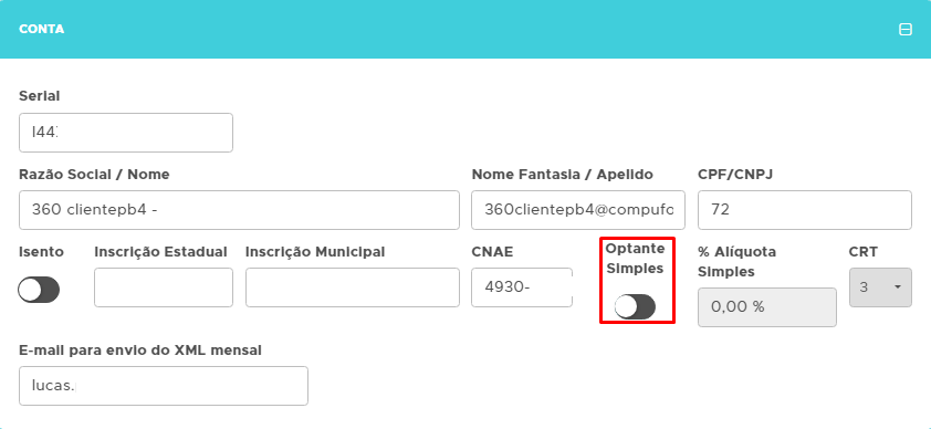 Opção Optante pelo Simples Nacional desmarcada em Dados da empresa Simples Nacional desmarcado