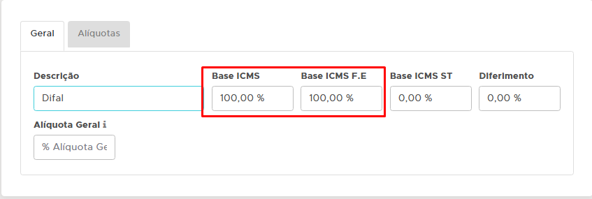 Base ICMS e Base ICMS FE preenchidas com 100% Base ICMS 100%