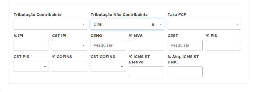 Campo Tributação Não Contribuinte na aba Dados Fiscais do produto Tributação Não Contribuinte do produto