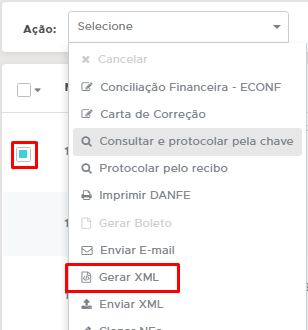 Opção Gerar XML no menu Ação da nota fiscal Gerar XML