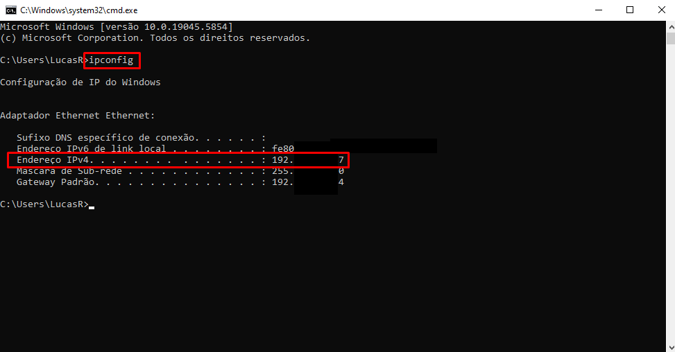 Endereço IPv4 no Ipconfig