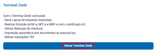 Opção Baixar Terminal ZWeb