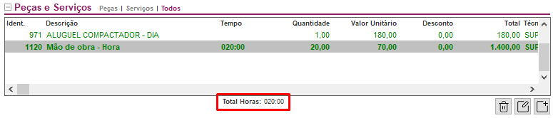 Total de horas exibido na ordem de serviço Total de horas na ordem de serviço